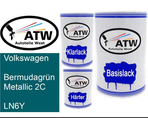 Volkswagen, Bermudagrün Metallic 2C, LN6Y: 500ml Lackdose + 500ml Klarlack + 250ml Härter - Set, von ATW Autoteile West.